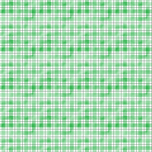 Green and white tartan plaid pattern with evenly spaced lines creating a checkered design.