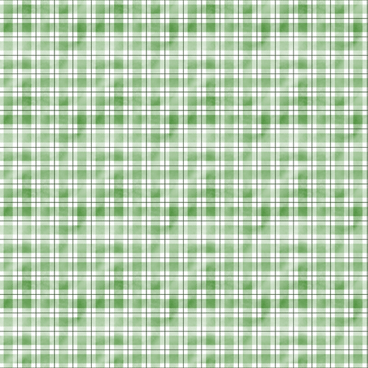 Green and white plaid pattern with thin intersecting lines on a seamless grid background.