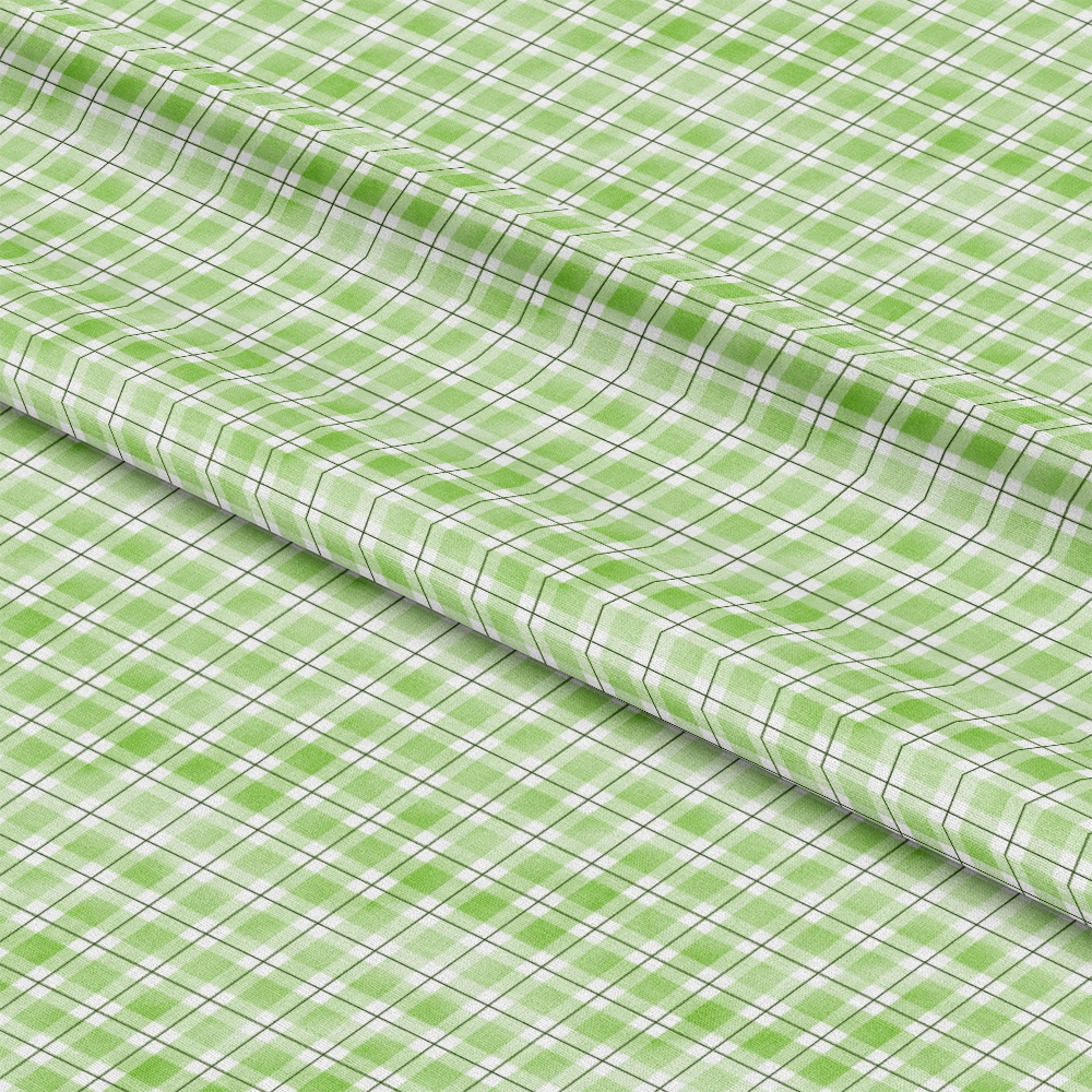 Green and white plaid fabric with a grid pattern, shown laid flat with subtle folding.