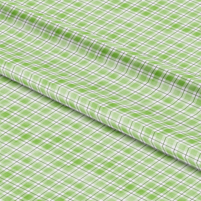 Green and white plaid fabric with a grid pattern, shown laid flat with subtle folding.
