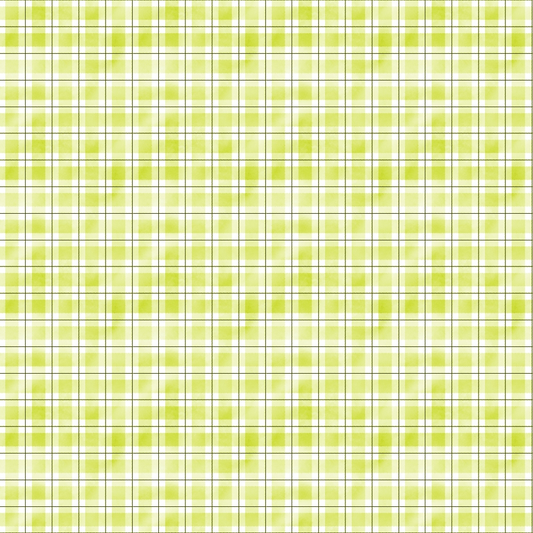 Green and white plaid pattern with intersecting thin blue lines in a repetitive grid design.