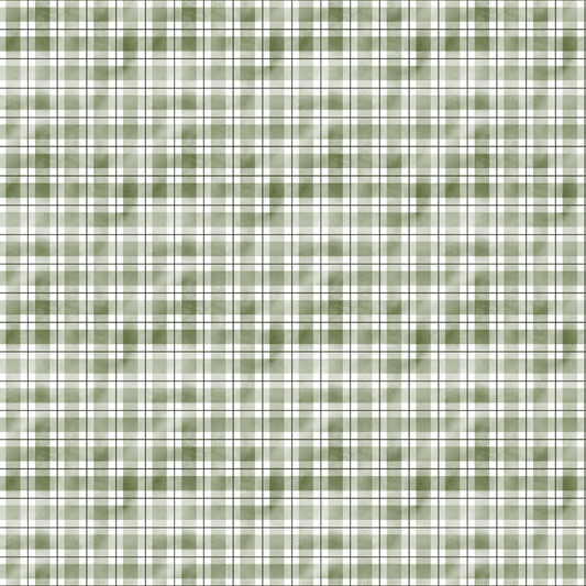 A seamless green and white plaid pattern with evenly spaced horizontal and vertical lines forming square shapes.