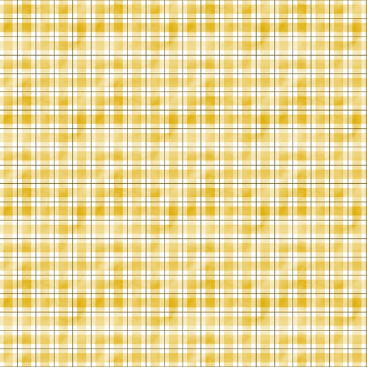 A yellow, white, and gray plaid pattern with evenly spaced horizontal and vertical lines forming a grid.