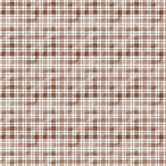 A seamless brown and white plaid pattern with intersecting horizontal and vertical stripes.