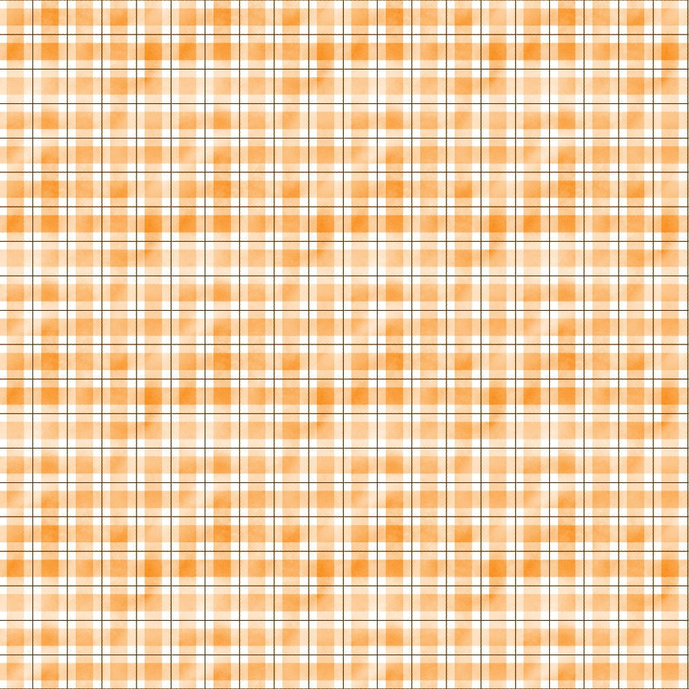 A repeating orange, white, and gray plaid pattern with closely spaced vertical and horizontal lines forming squares on the fabric surface.