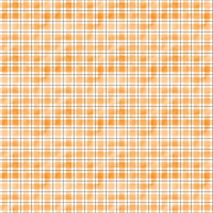 A repeating orange, white, and gray plaid pattern with closely spaced vertical and horizontal lines forming squares on the fabric surface.