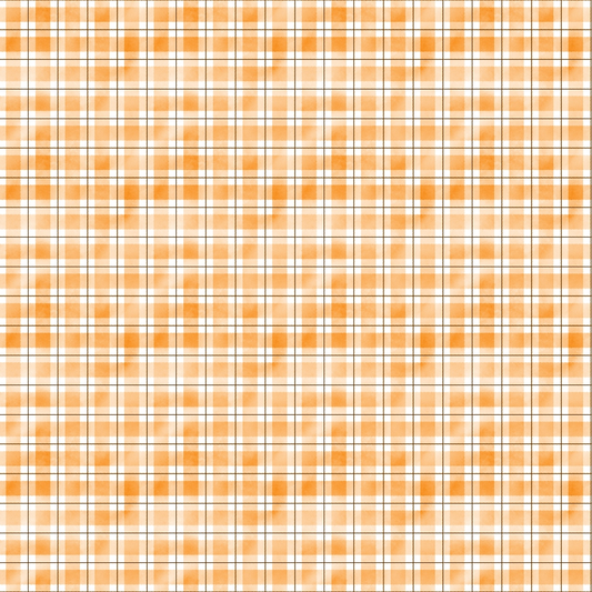 A repeating orange, white, and gray plaid pattern with closely spaced vertical and horizontal lines forming squares on the fabric surface.