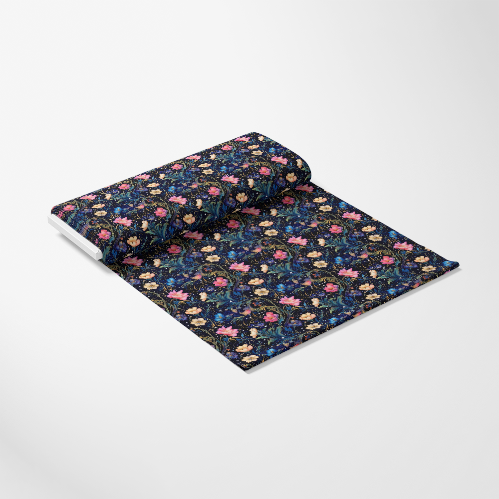- Watercolor Night Nouveau Pattern 7 Quilting Cotton Fabric  
- Dark blue background  
- Floral design  
- Pink, cream, and green colors  
- Cotton material  
- Quilting fabric  
- Textile yardage  
- Decorative fabric  
- Artistic style  
- Soft texture  
- Sewing material