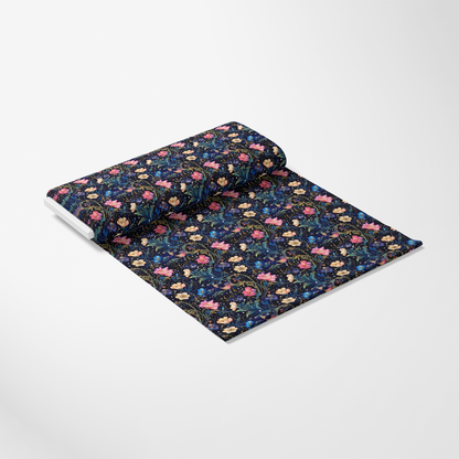 - Watercolor Night Nouveau Pattern 7 Quilting Cotton Fabric  
- Dark blue background  
- Floral design  
- Pink, cream, and green colors  
- Cotton material  
- Quilting fabric  
- Textile yardage  
- Decorative fabric  
- Artistic style  
- Soft texture  
- Sewing material