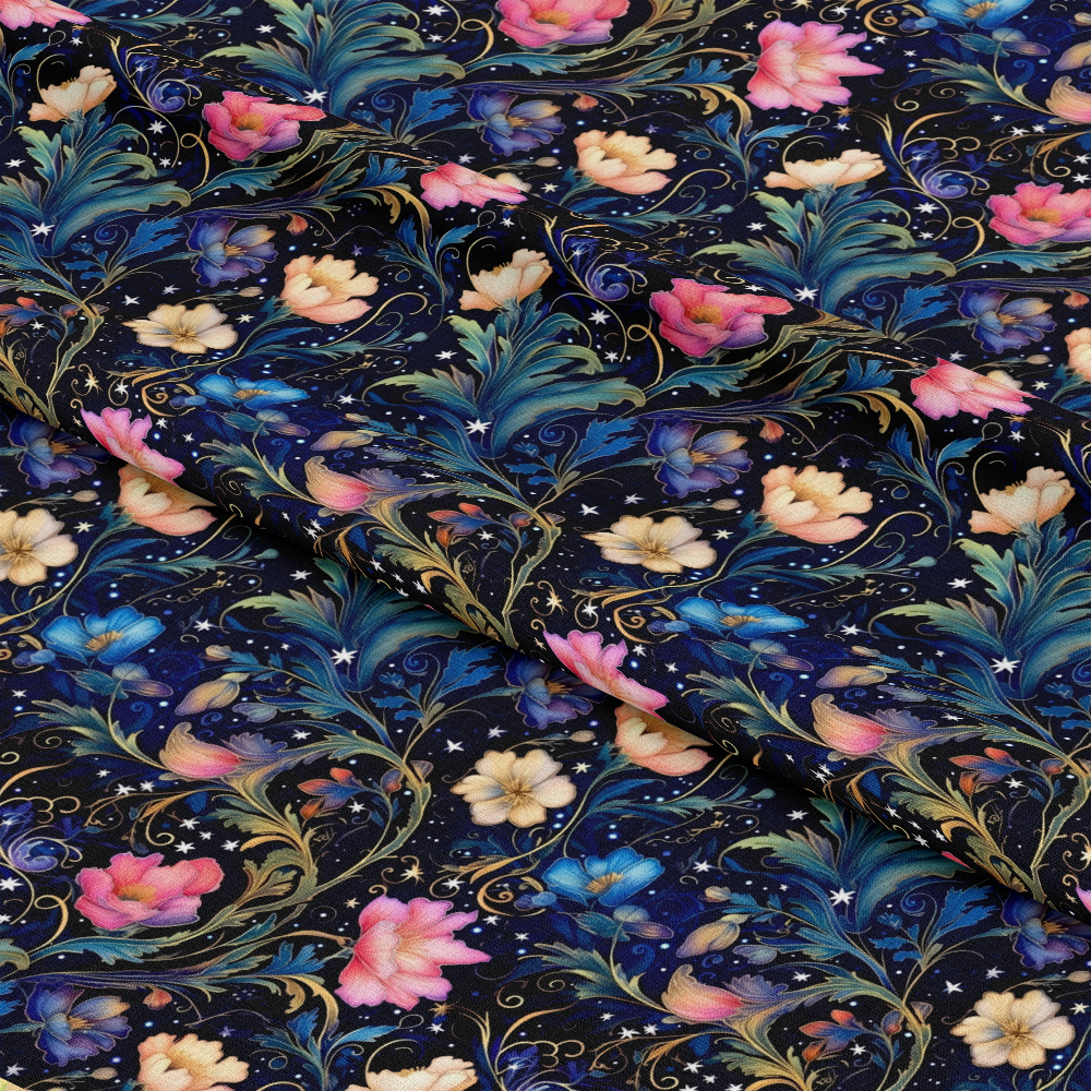 - Watercolor Night Nouveau Pattern 7 Quilting Cotton Fabric  
- Floral  
- Night sky  
- Stars  
- Blue  
- Pink  
- Cream  
- Green leaves  
- Swirls  
- Quilting  
- Cotton  
- Elegant  
- Decorative  
- Ornamental
