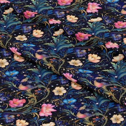 - Watercolor Night Nouveau Pattern 7 Quilting Cotton Fabric  
- Floral  
- Night sky  
- Stars  
- Blue  
- Pink  
- Cream  
- Green leaves  
- Swirls  
- Quilting  
- Cotton  
- Elegant  
- Decorative  
- Ornamental