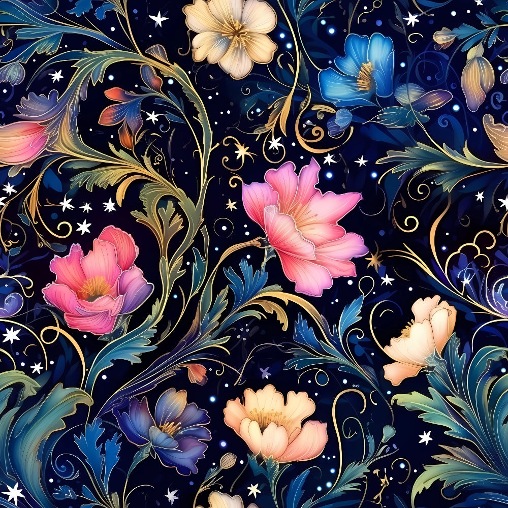 Colorful flowers and swirling green vines on a dark background, with small stars scattered throughout.