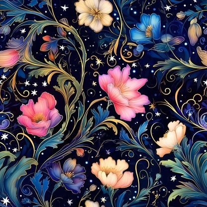 Colorful flowers and swirling green vines on a dark background, with small stars scattered throughout.
