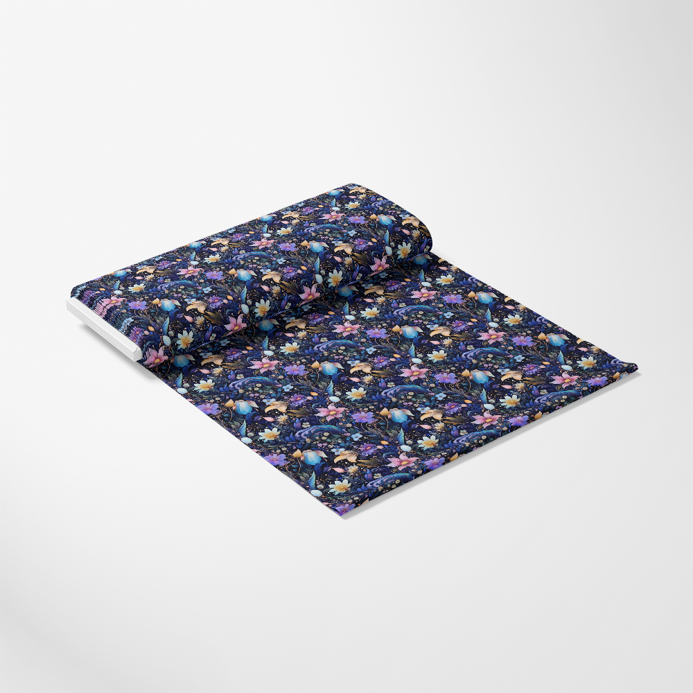 - Watercolor Night Nouveau Pattern 8 Quilting Cotton Fabric  
- Floral design  
- Dark blue background  
- Purple, pink, beige, and light blue flowers  
- Quilting cotton textile  
- Artistic fabric  
- Decorative cloth  
- Soft cotton material  
- Elegant quilting fabric  
- Nighttime inspired colors