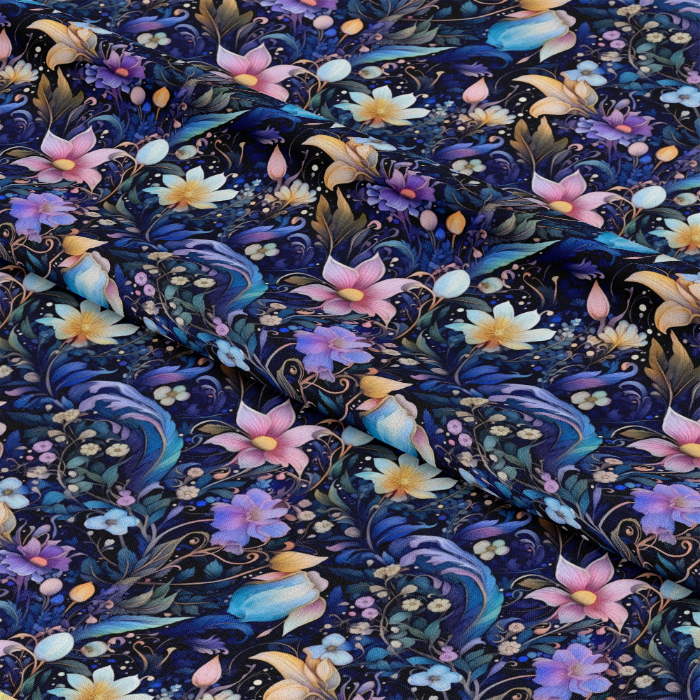 - Watercolor Night Nouveau Pattern 8 Quilting Cotton Fabric  
- Floral design  
- Nighttime color palette  
- Blue, purple, pink, yellow, green hues  
- Botanical motifs  
- Quilting cotton  
- Soft texture  
- Artistic, elegant, decorative  
- Fabric for sewing and crafts