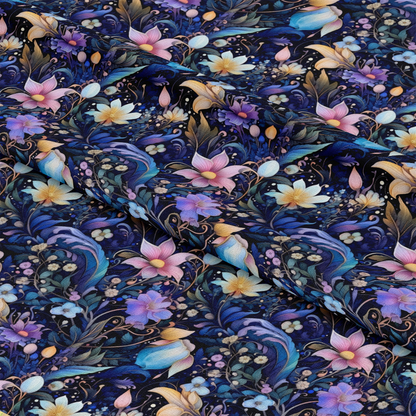 - Watercolor Night Nouveau Pattern 8 Quilting Cotton Fabric  
- Floral design  
- Nighttime color palette  
- Blue, purple, pink, yellow, green hues  
- Botanical motifs  
- Quilting cotton  
- Soft texture  
- Artistic, elegant, decorative  
- Fabric for sewing and crafts