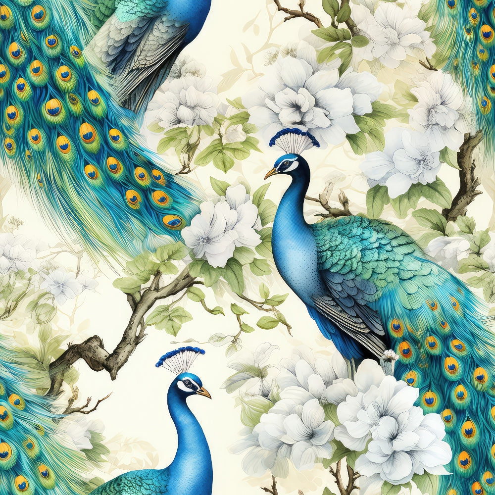 Watercolor Peacocks Pattern 1 Quilting Cotton Fabric