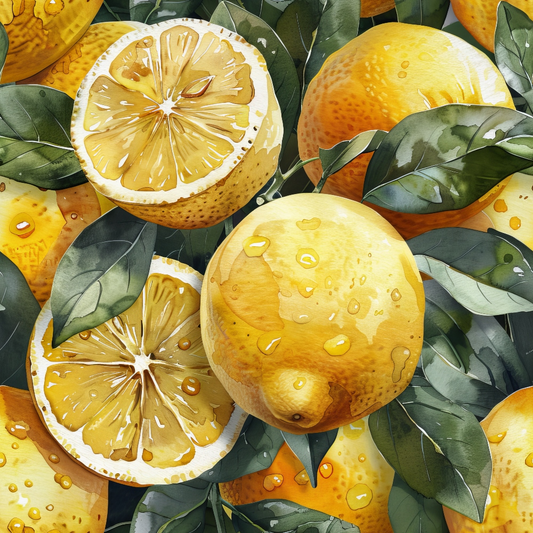 Illustration of whole and sliced lemons with green leaves, featuring water droplets on the surface.