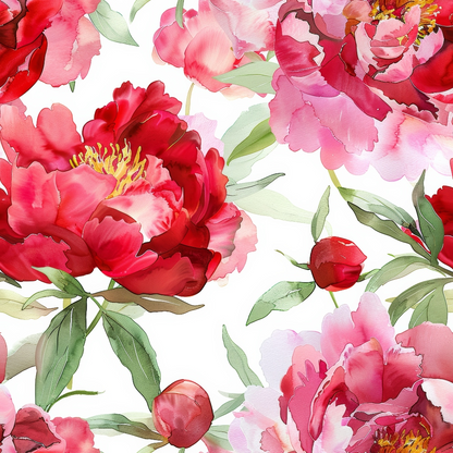 Watercolor Red Peony Flowers Quilting Cotton Fabric