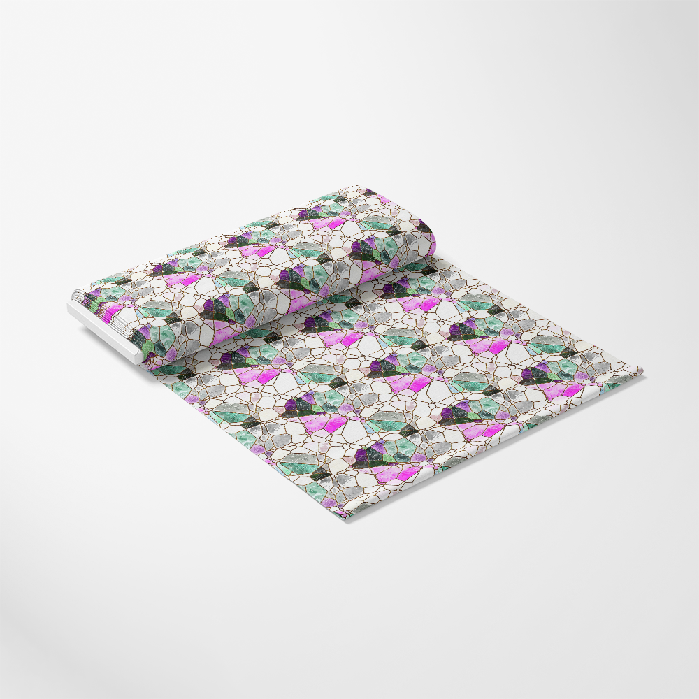 - Watercolor Stained Glass Pattern 12 Quilting Cotton Fabric  
- Quilting, fabric, cotton  
- Stained glass, mosaic, geometric  
- Purple, teal, green, beige, white  
- Artistic, vibrant, translucent, decorative  
- Textile, craft, sewing, creative material