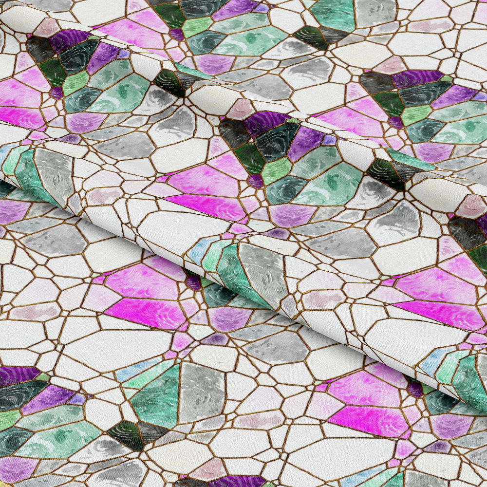 - Watercolor Stained Glass Pattern 12 Quilting Cotton Fabric  
- abstract geometric design  
- mosaic shapes  
- pastel colors  
- pink, green, gray, purple  
- quilting fabric  
- cotton textile  
- artistic pattern  
- soft color palette  
- modern stained glass style  
- sewing material  
- lightweight fabric