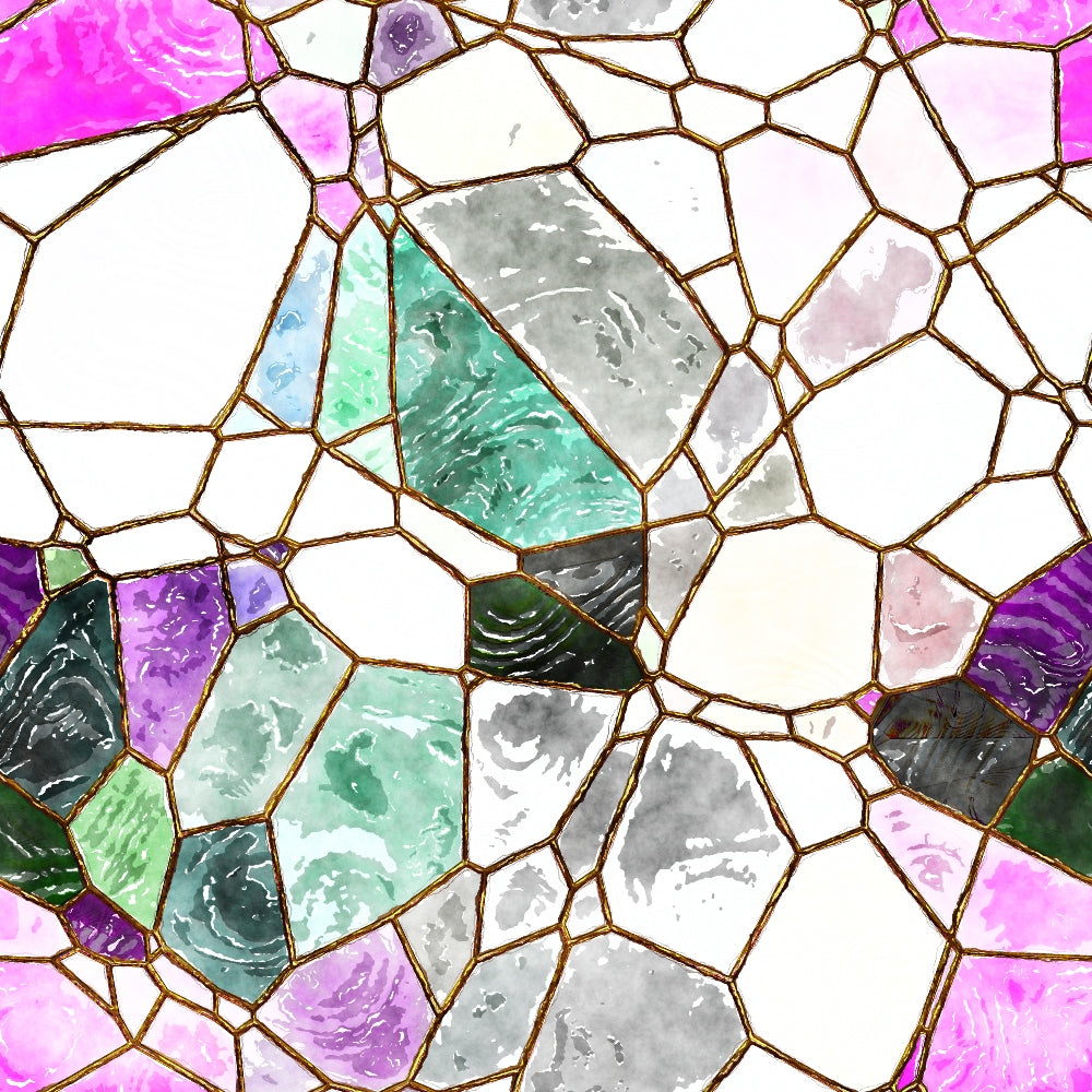 Abstract mosaic pattern with irregular geometric shapes in shades of pink, green, purple, and gray, outlined in gold.