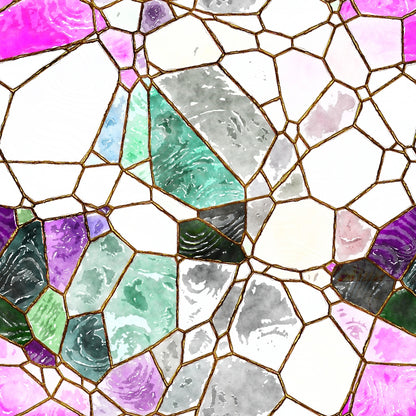 Abstract mosaic pattern with irregular geometric shapes in shades of pink, green, purple, and gray, outlined in gold.