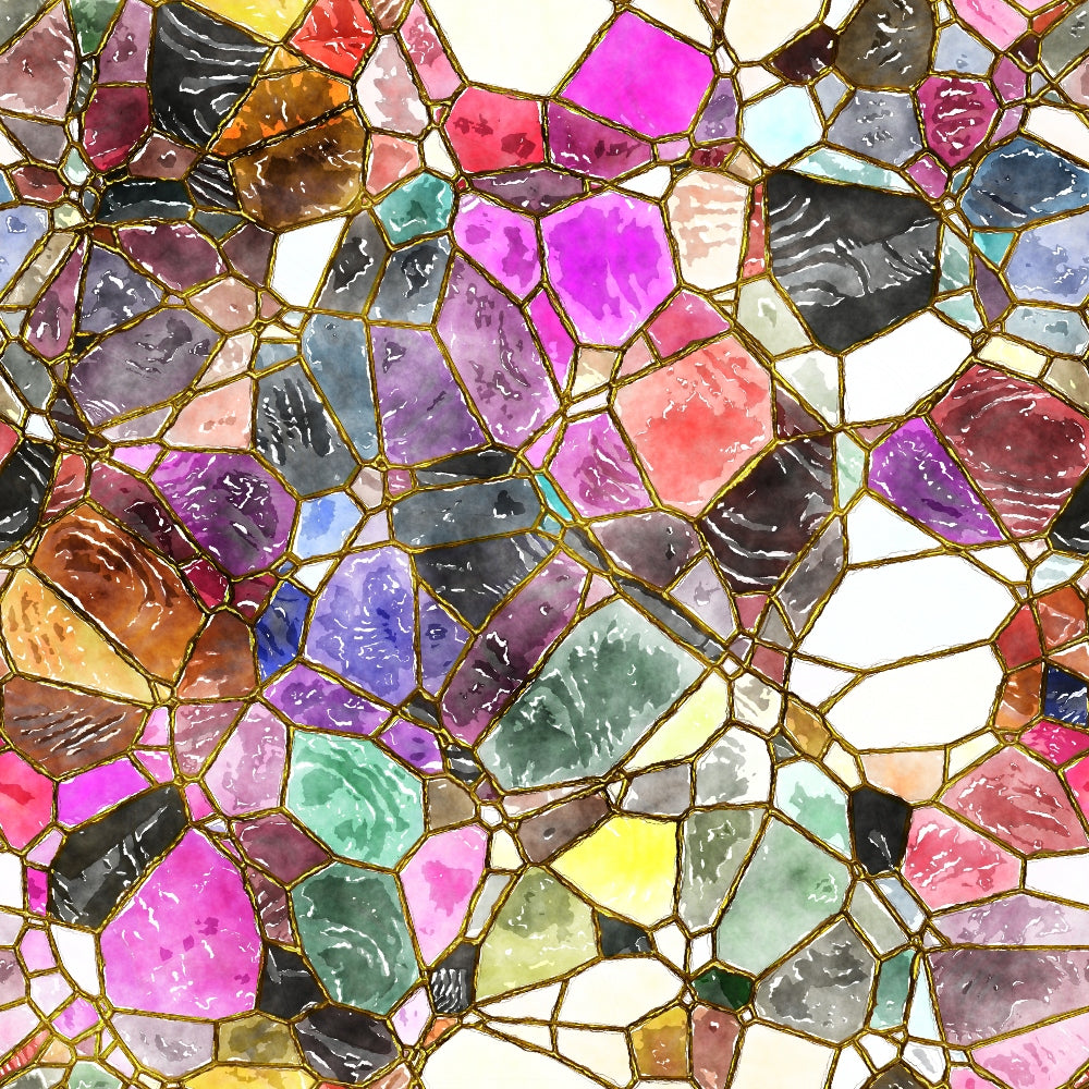 Stained glass mosaic with irregular multicolored geometric shapes outlined in gold.