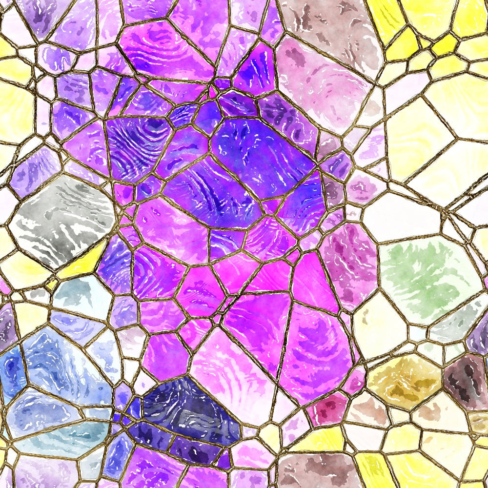 Stained glass mosaic pattern featuring interlocking shapes in purple, yellow, pink, and blue hues with textured surfaces.