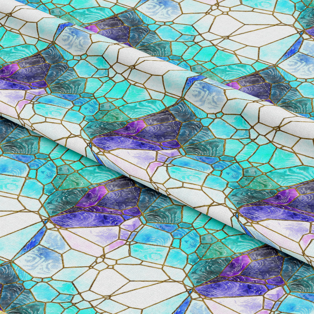 - Watercolor Stained Glass Pattern 6 Quilting Cotton Fabric  
- Blue, turquoise, purple, white, gray colors  
- Geometric, stained glass, mosaic, quilt design  
- Quilting, cotton, textile, craft fabric  
- Artistic, vibrant, decorative, seamless