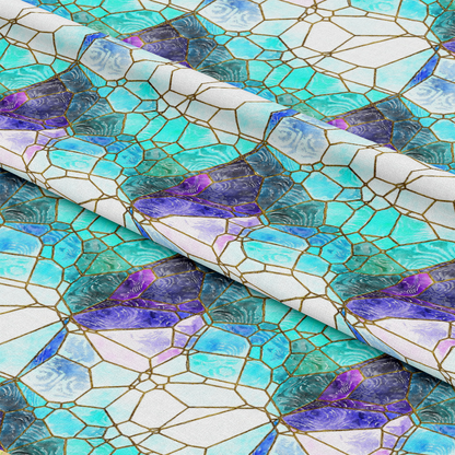 - Watercolor Stained Glass Pattern 6 Quilting Cotton Fabric  
- Blue, turquoise, purple, white, gray colors  
- Geometric, stained glass, mosaic, quilt design  
- Quilting, cotton, textile, craft fabric  
- Artistic, vibrant, decorative, seamless
