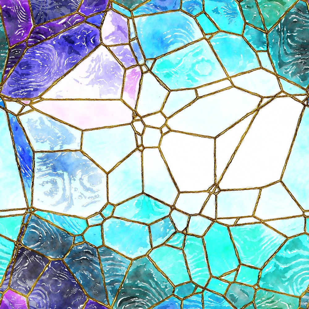 A geometric mosaic of stained glass with varying shades of blue, purple, and white, divided by gold lines in an irregular pattern.