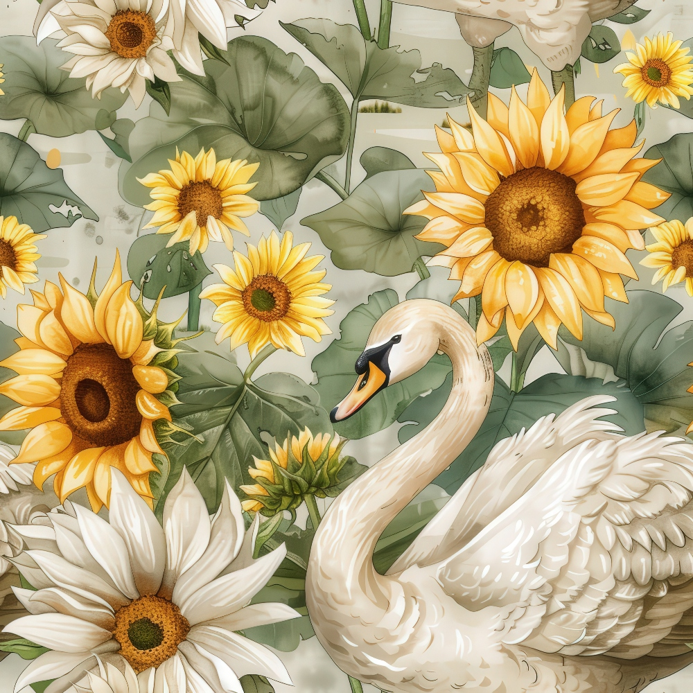 Watercolor Swan Sunflowers Pattern 1 Quilting Cotton Fabric