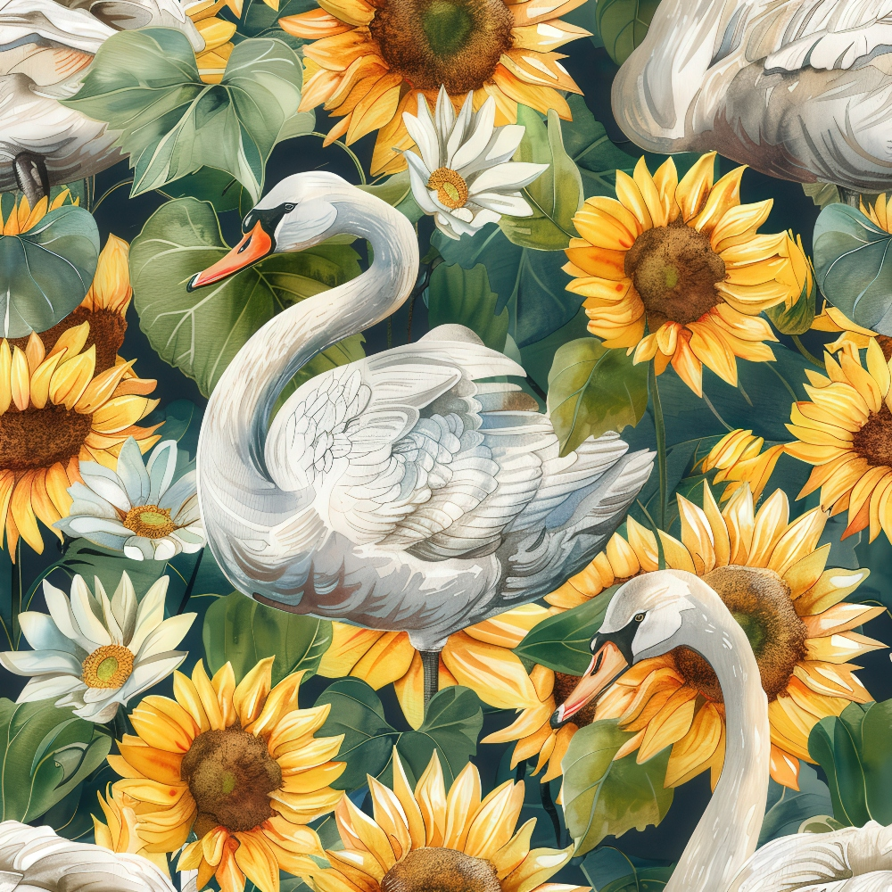 Watercolor Swan Sunflowers Pattern 10 Quilting Cotton Fabric