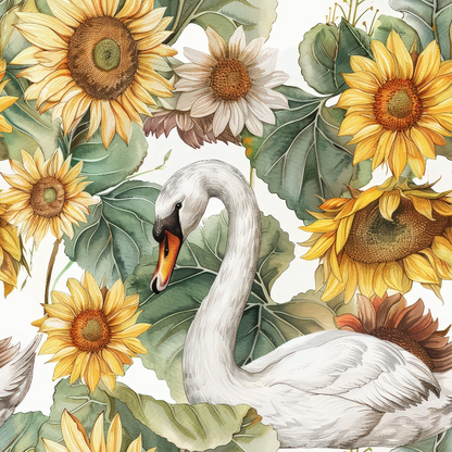 Watercolor Swan Sunflowers Pattern 11 Quilting Cotton Fabric