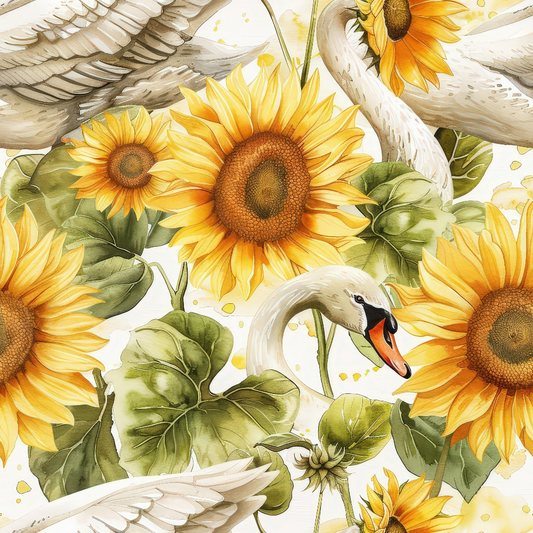 Watercolor Swan Sunflowers Pattern 12 Quilting Cotton Fabric