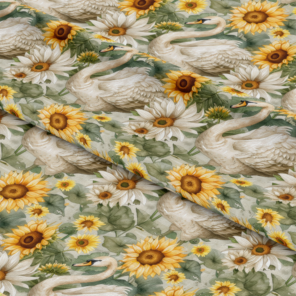 Watercolor Swan Sunflowers Pattern 1 Quilting Cotton Fabric