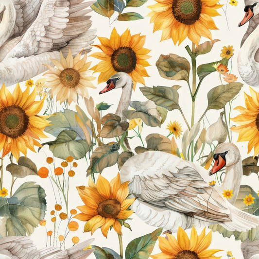 Watercolor Swan Sunflowers Pattern 2 Quilting Cotton Fabric