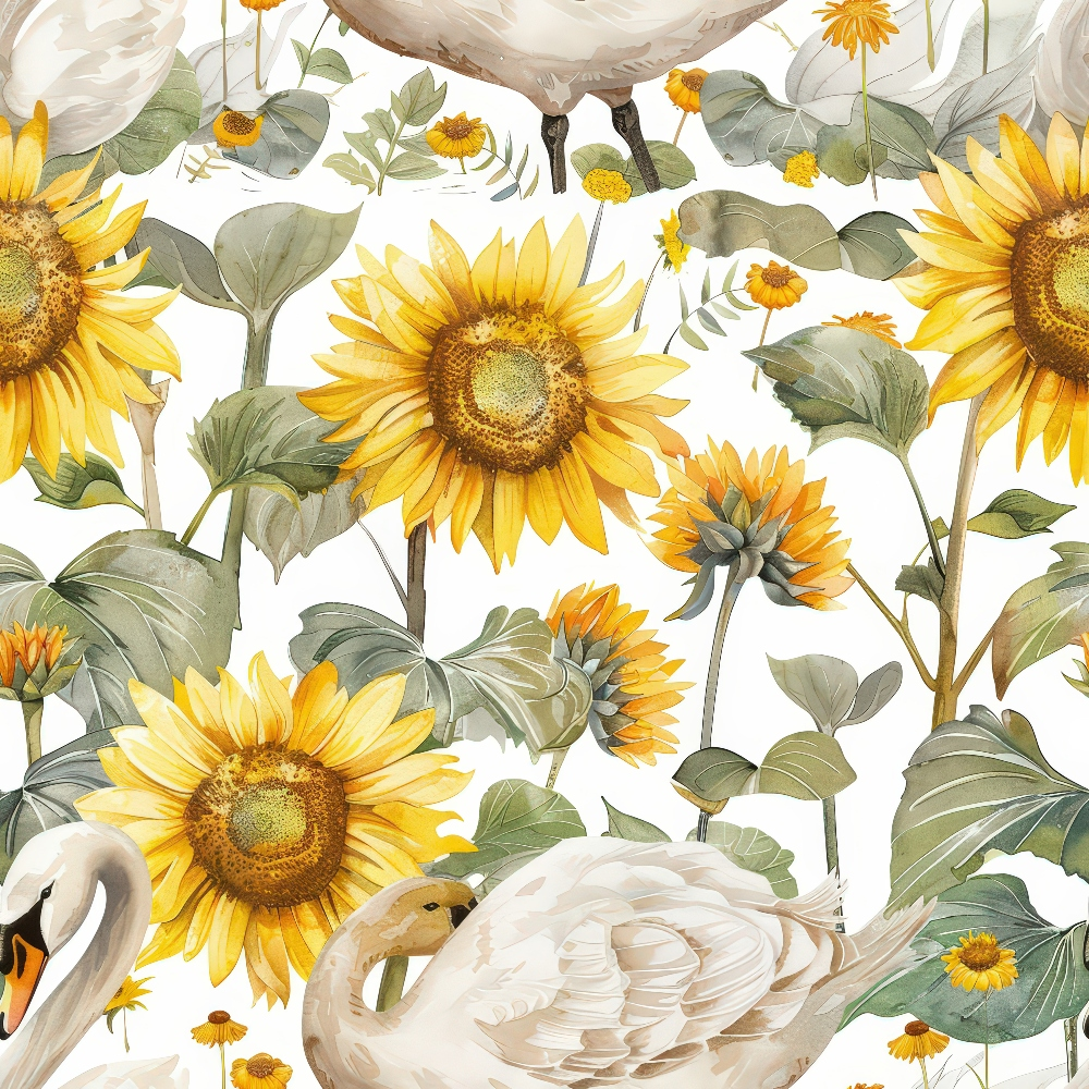 Watercolor Swan Sunflowers Pattern 3 Quilting Cotton Fabric