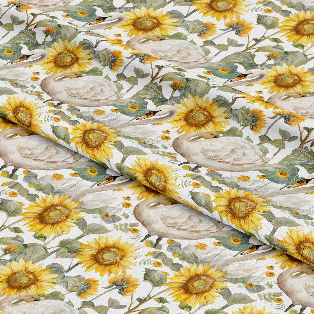 Watercolor Swan Sunflowers Pattern 3 Quilting Cotton Fabric