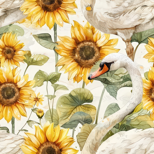 Watercolor Swan Sunflowers Pattern 4 Quilting Cotton Fabric