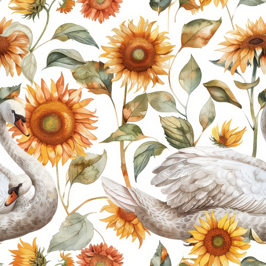 Watercolor Swan Sunflowers Pattern 5 Quilting Cotton Fabric