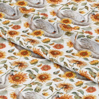 Watercolor Swan Sunflowers Pattern 5 Quilting Cotton Fabric