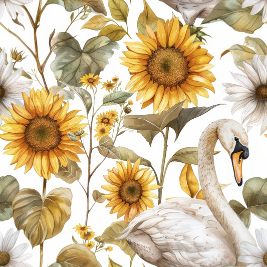 Watercolor Swan Sunflowers Pattern 6 Quilting Cotton Fabric