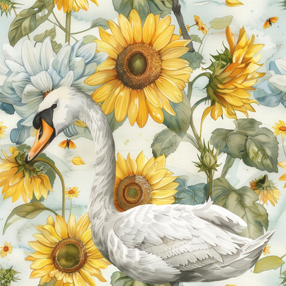 Watercolor Swan Sunflowers Pattern 8 Quilting Cotton Fabric