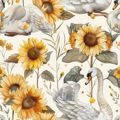 Watercolor Swan Sunflowers Pattern 9 Quilting Cotton Fabric