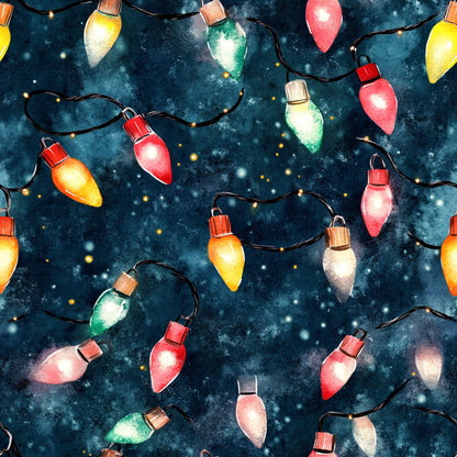 christmas lights, watercolor style, navy blue background, red bulbs, green bulbs, yellow bulbs, orange bulbs, white bulbs, starry night, black wires, festive pattern, holiday theme, quilting cotton, fabric panel, winter decor, illuminated bulbs, cosmic background, seasonal design, craft fabric, cotton fabric