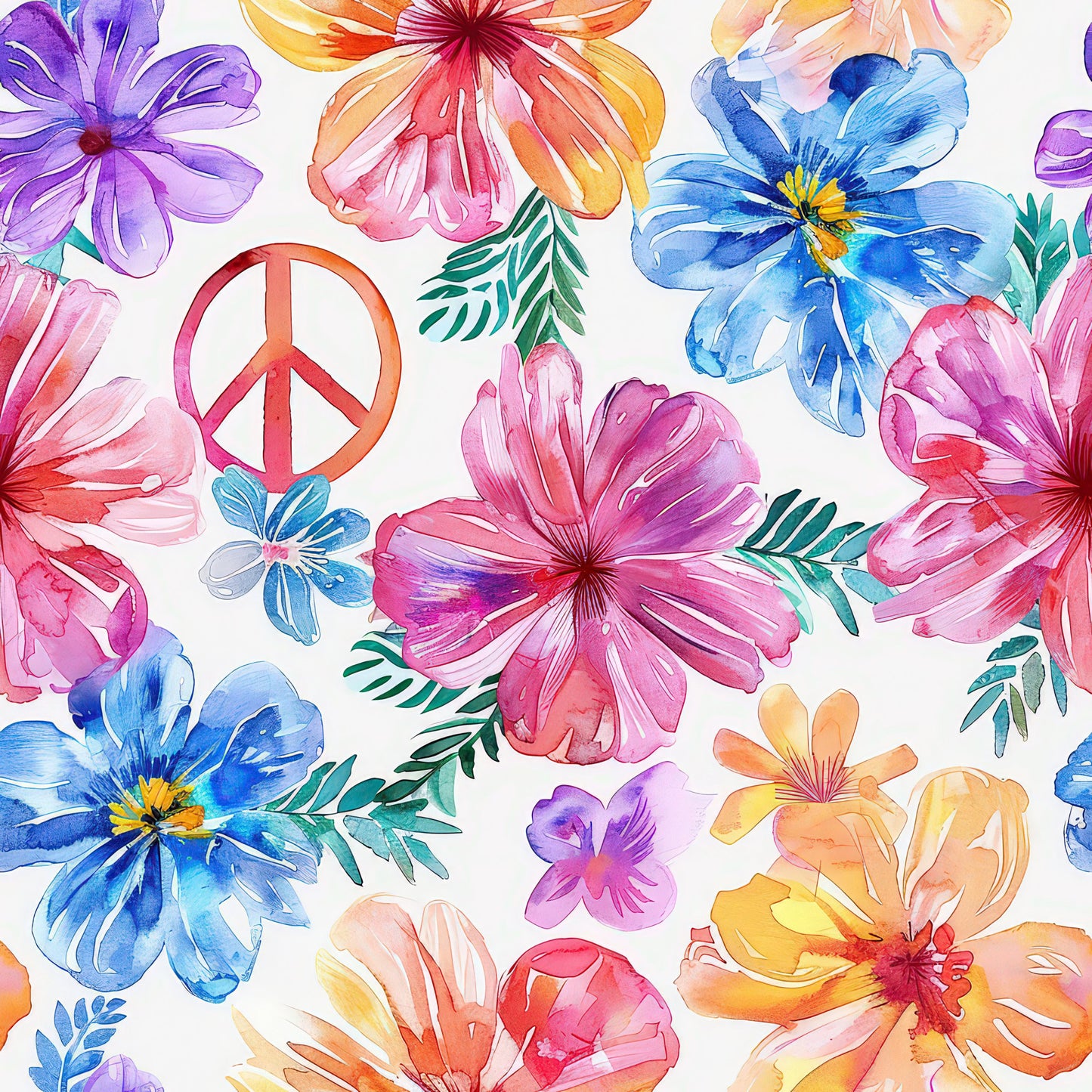Watercolor Hippie Flower Pattern 3 Quilting Cotton Fabric