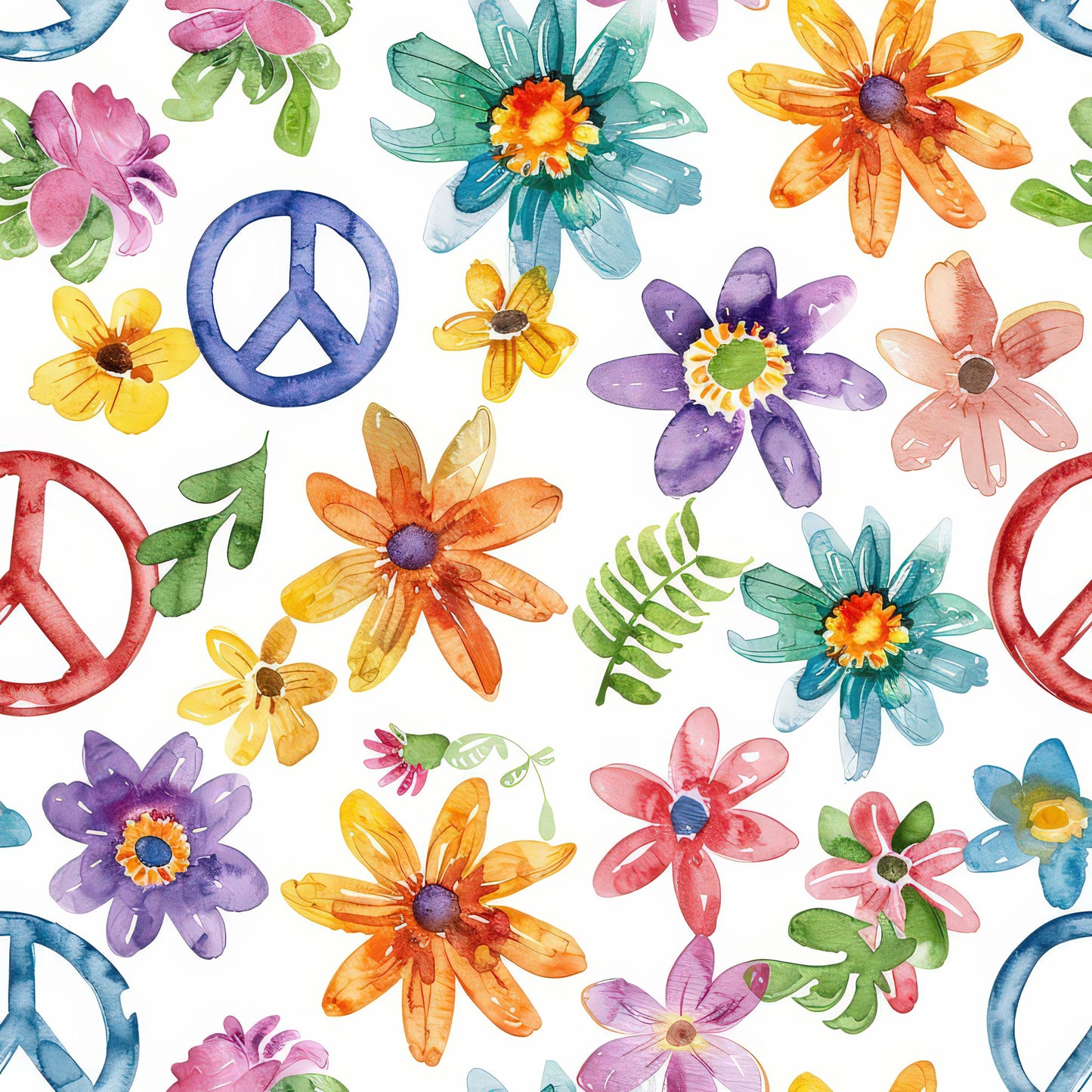 Watercolor Hippie Flower Pattern 6 Quilting Cotton Fabric