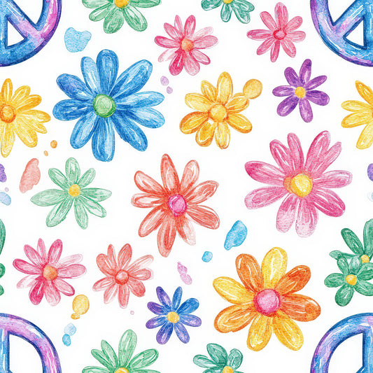 Watercolor Hippie Flower Pattern 8 Quilting Cotton Fabric